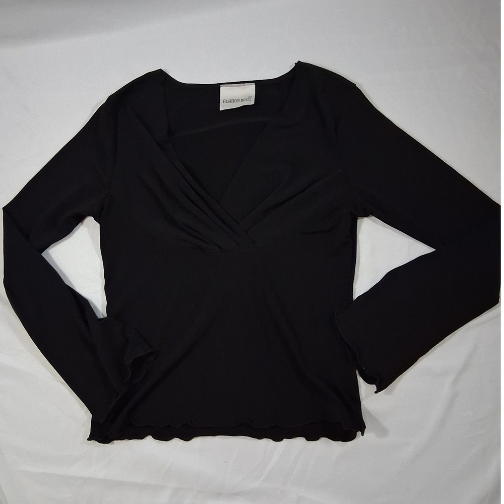 Fashion Bug Womens Black Long Sleeve Surplice V-Neck Lettuce Edge Top 1232